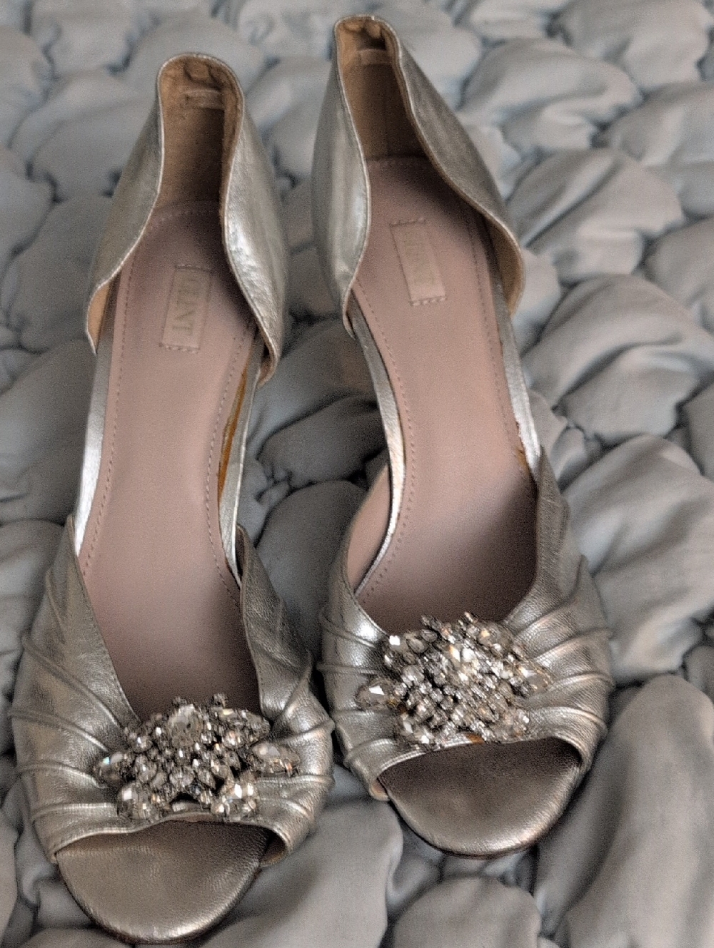 Women's Silver Embellished Peep-Toe Flats